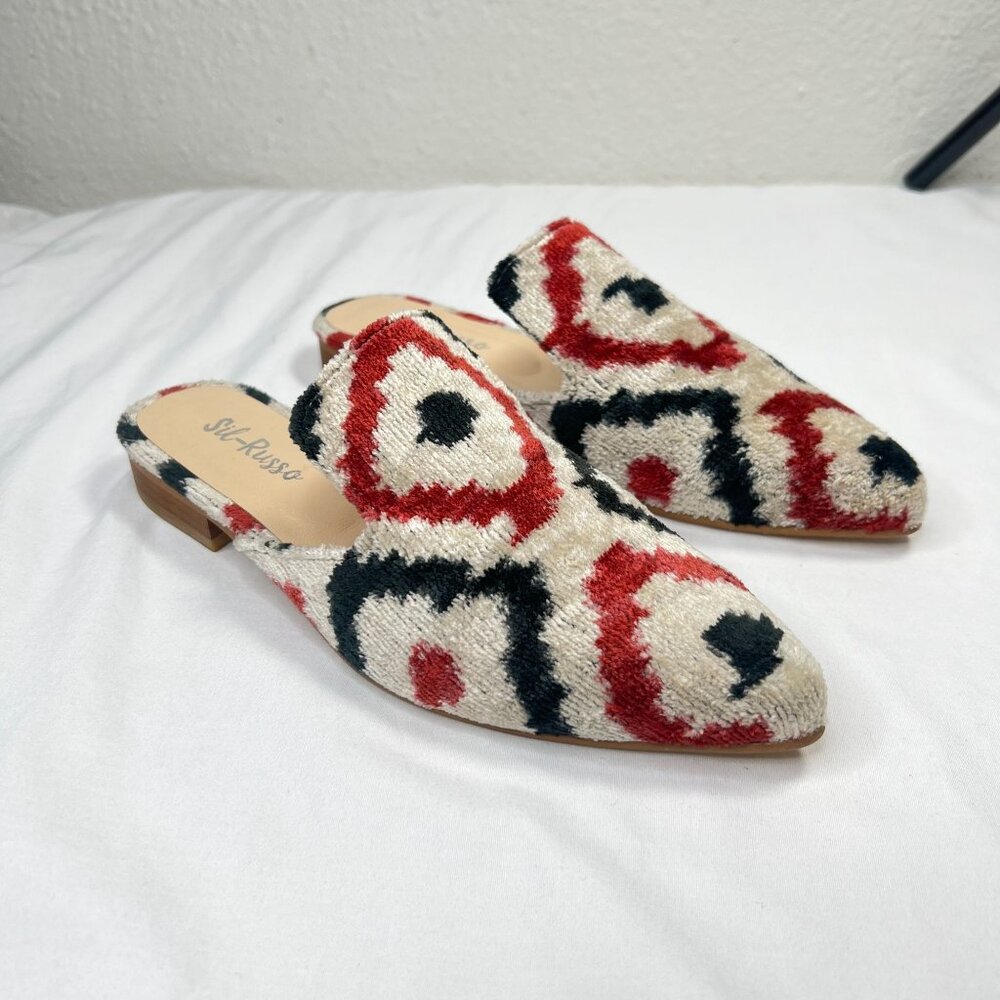 Sil-Russo Ikat Tapestry Mules Flats Slides Geometric Ivory Red Black 38 US 7-7.5 - Picture 8 of 10